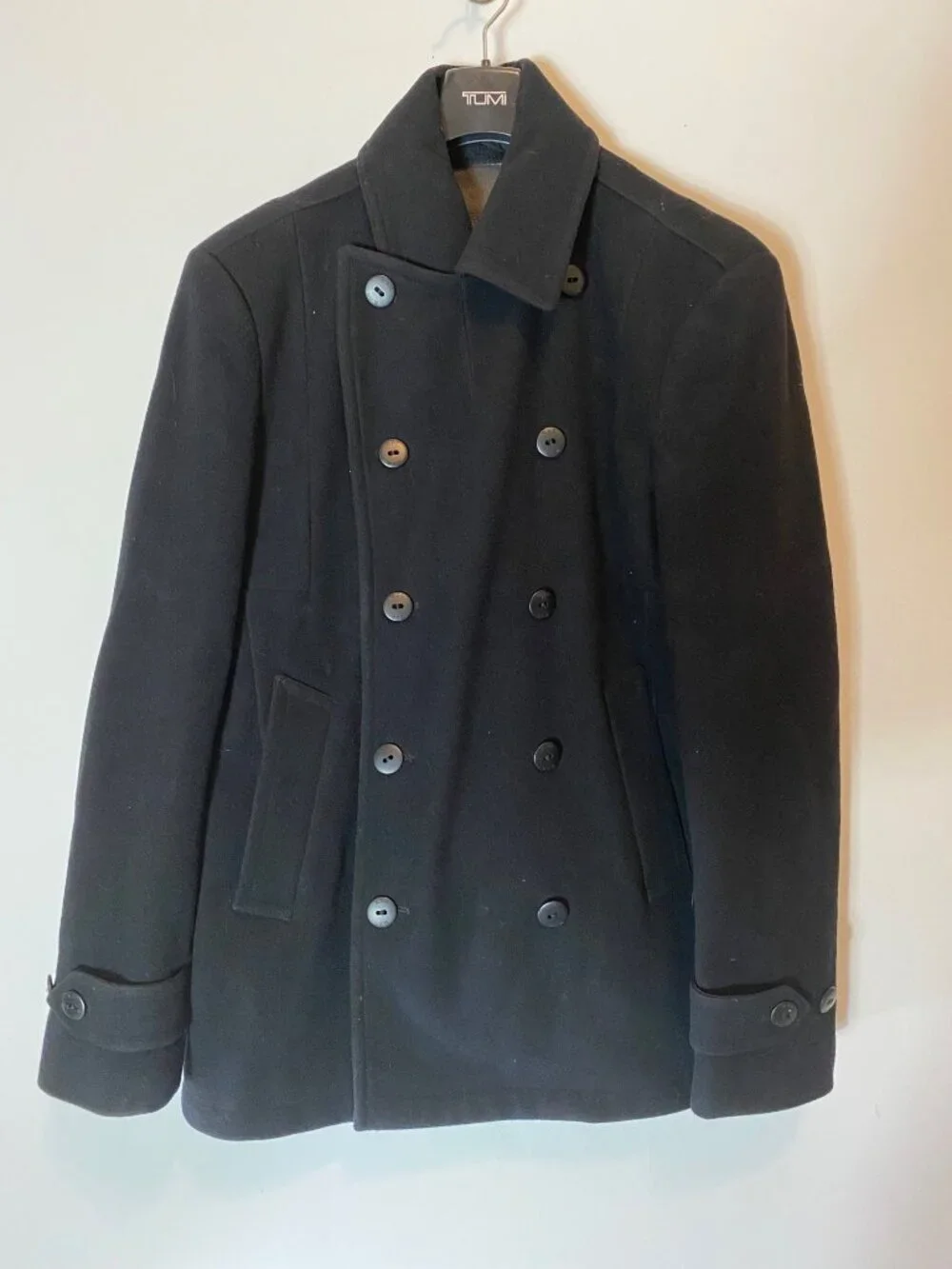 Tumi Mens Black Wool Blend Double-Breasted Peacoat Button Cuffs Side Pockets